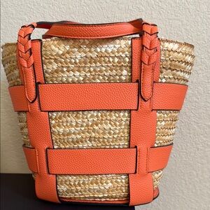 Topshop Orange and Tan Tote Bag with Woven Texture